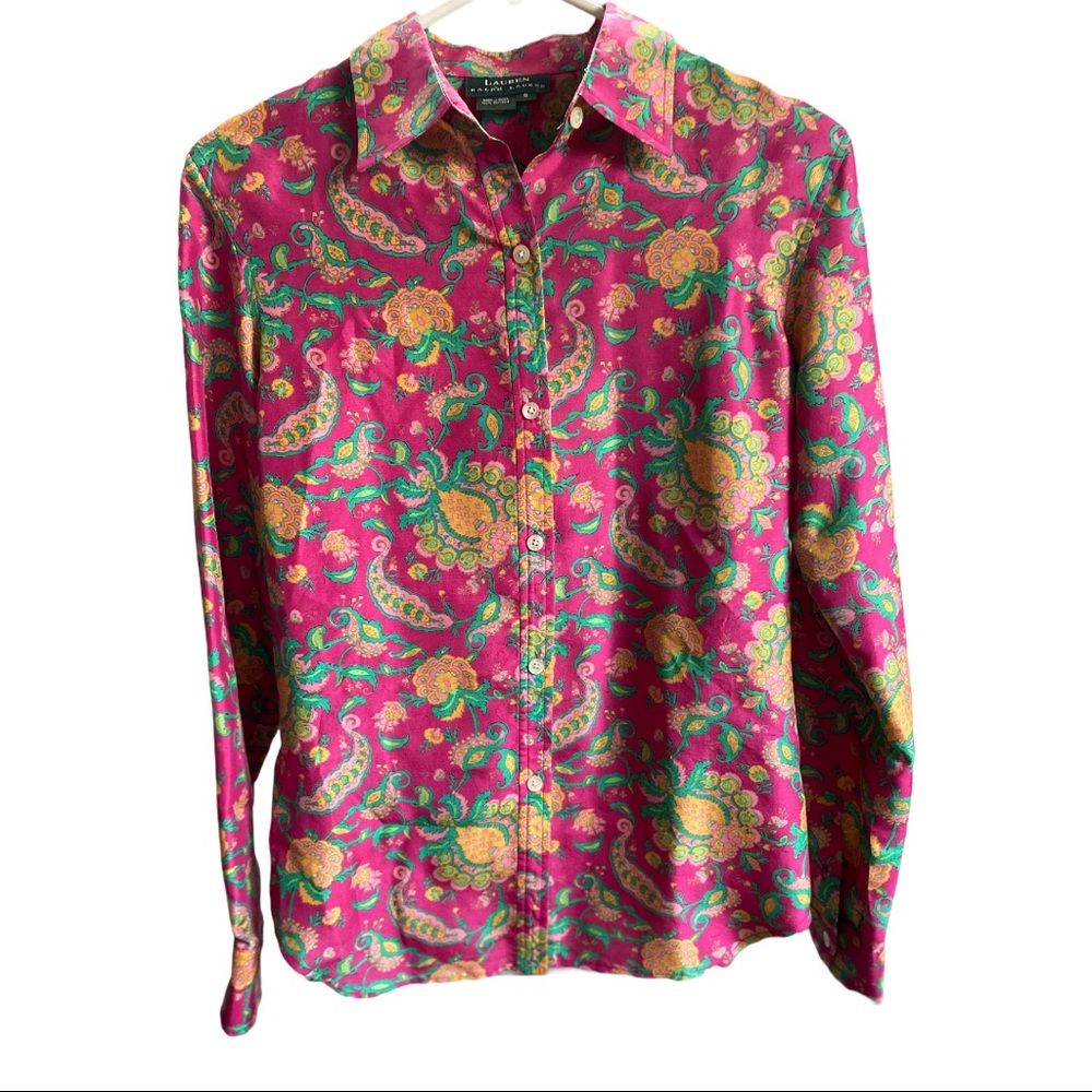 Ralph Lauren 100% pink silk floral button down top nwot